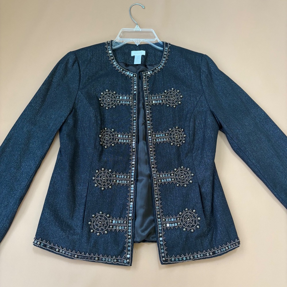 Chicos Military Band Denim Jacket Beaded Sequin‎ Metallic Denim Black Blue 0 S